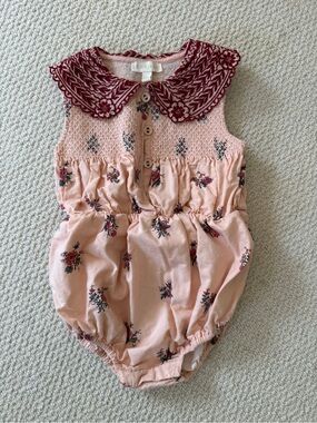 Bonjour Diary Pink Floral Smocked Baby Romper with Burgundy Collar